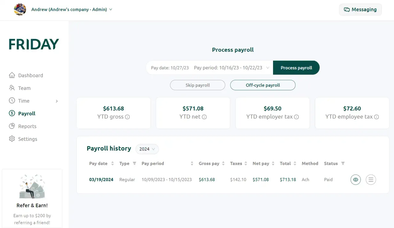 Friday payroll screen showing year-to-date totals and payroll history