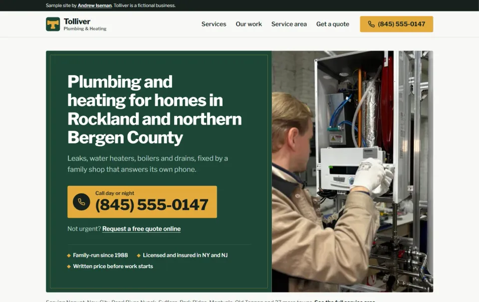 Tolliver Plumbing & Heating homepage with a large phone number and a plumber working on a boiler