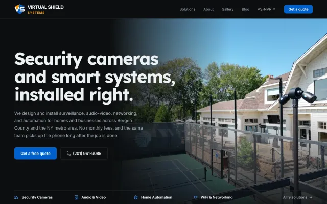 Virtual Shield Systems homepage with the headline "Security cameras and smart systems, installed right" over an aerial photo of a house and court